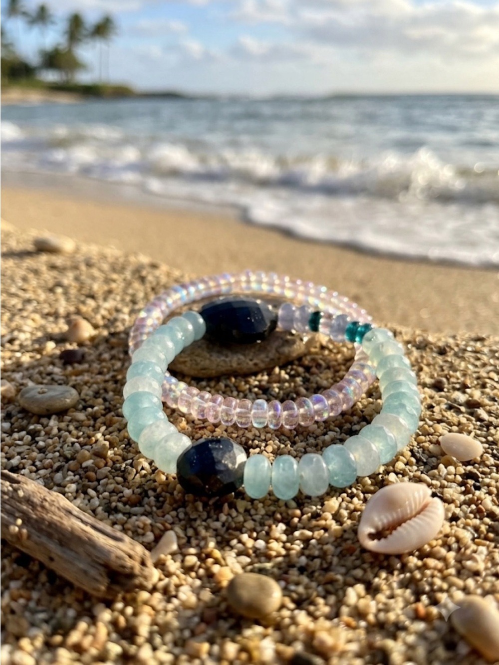 Sea Glass Blue Chalcedony Beaded Stretch Bracelet Set- Women Jewelry
